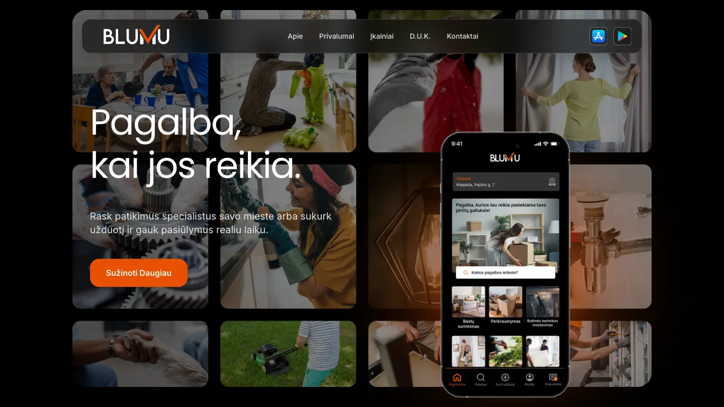 Blumu website homepage for the local-services marketplace app