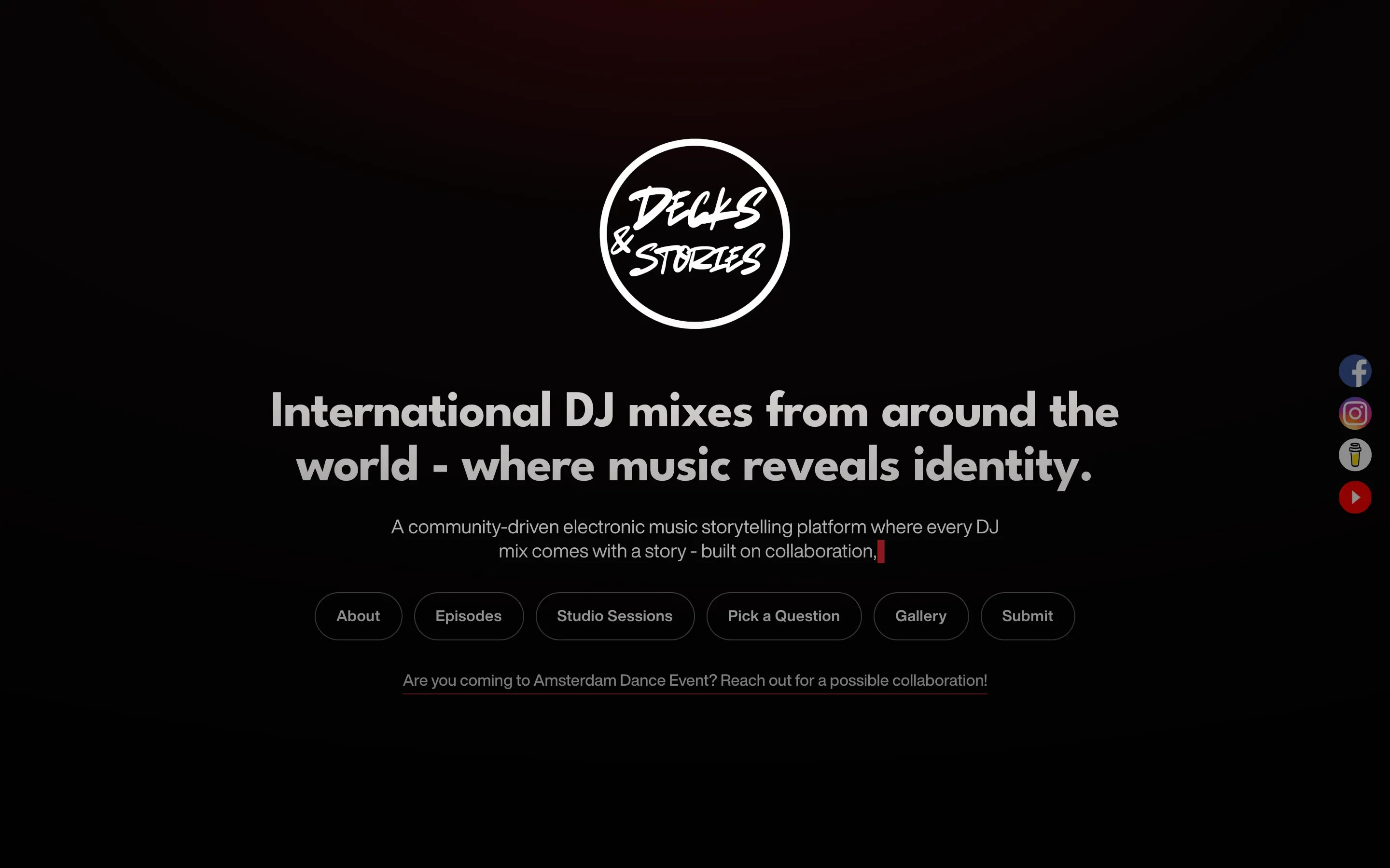 Decks&Stories homepage with the round logo and the line International DJ mixes from around the world