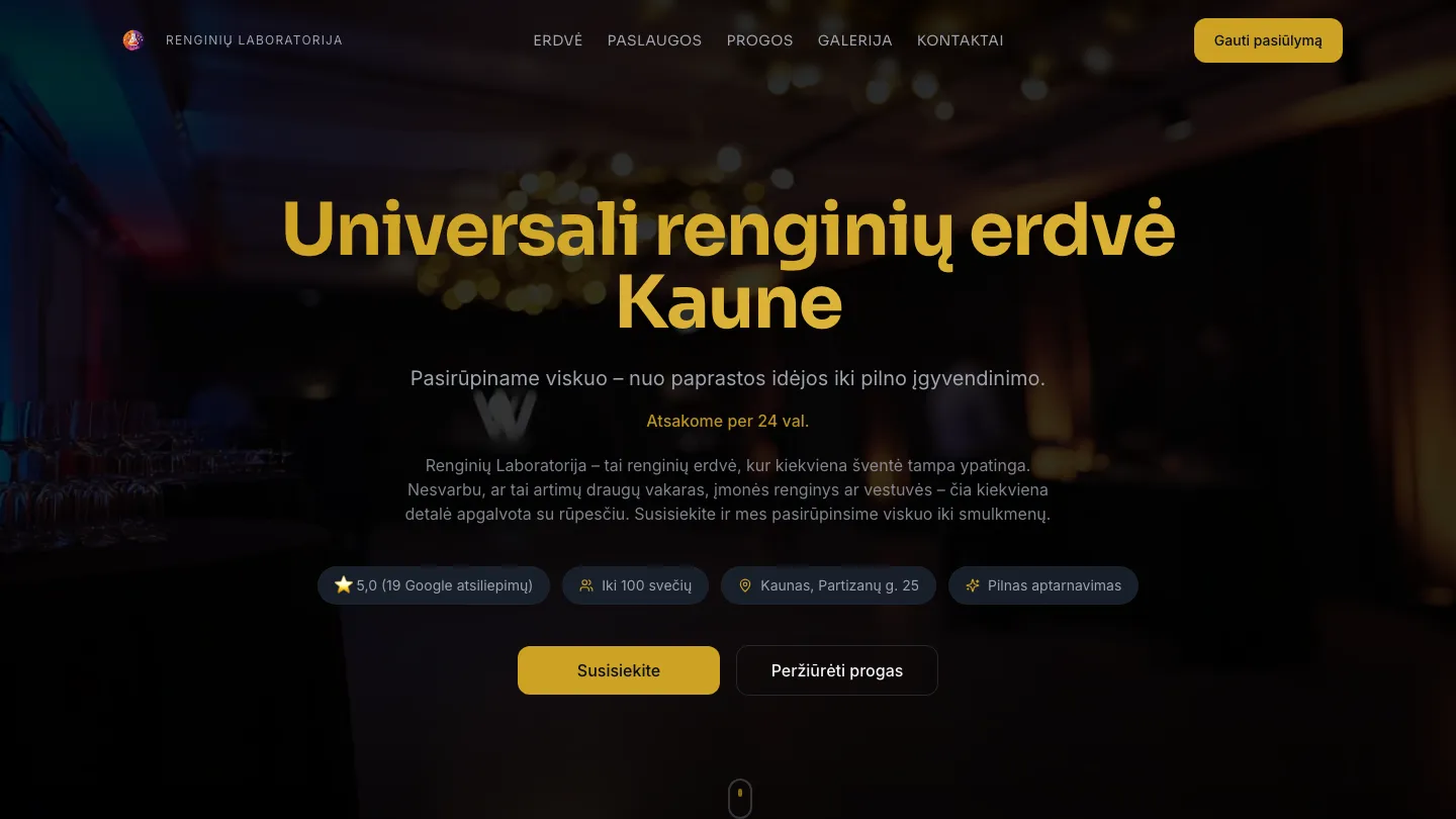 Renginių LAB website homepage for the Kaunas event venue