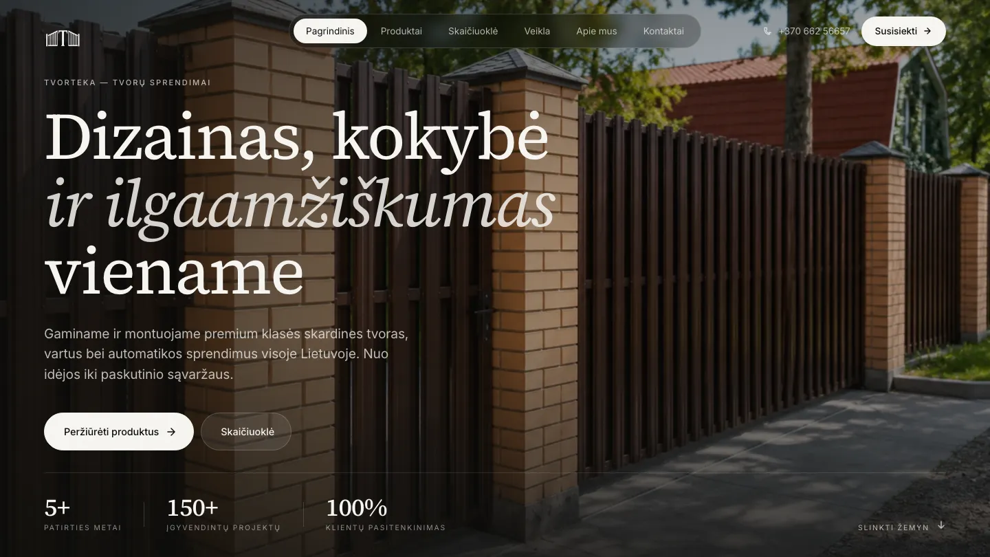 Tvorteka website homepage with the premium fence and gate hero